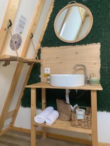 科马尔尼克Casutele din Poienita的浴室配有盥洗盆、镜子和毛巾