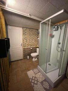 兰斯Le Ranch - proche centre ville的一间带玻璃淋浴和卫生间的浴室