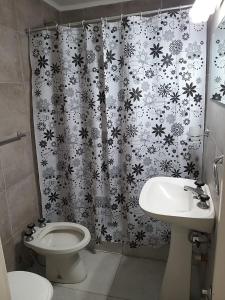 内科切阿Departamentos calle 8的浴室设有卫生间、水槽和淋浴帘