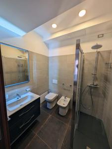 博洛尼亚Benedict Rooms的一间带水槽、卫生间和淋浴的浴室