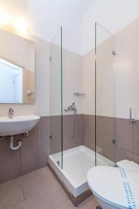 提诺斯Agali bay hotel的带淋浴、卫生间和盥洗盆的浴室