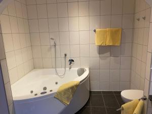 FriedenfelsSchlossschänke Friedenfels的白色的浴室设有浴缸和卫生间。