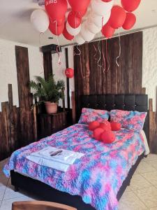 波哥大The Frailejon House的一间卧室配有一张红色和白色气球床。
