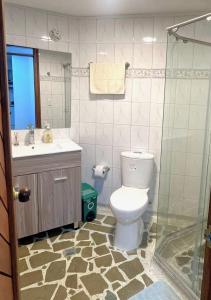 马尼萨莱斯Bonito apartamento con excelente ubicación的浴室配有卫生间、盥洗盆和淋浴。