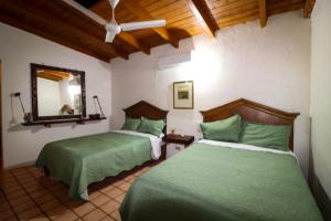 Hotel Villa Dominguez的一间卧室设有两张绿色的床和镜子