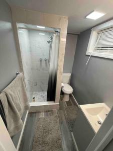新不伦瑞克Cozy and affordable suite (near Rutgers, smartTV)的带淋浴、卫生间和盥洗盆的浴室