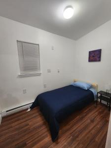 泽西市Prime Location 3-Bed Close to NYC的一间卧室配有一张带蓝色毯子的床和窗户。