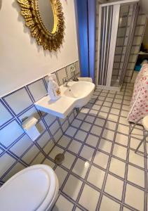 普罗奇达Procida Marina Grande的一间带卫生间、水槽和镜子的浴室