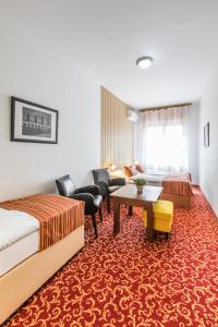 克罗梅日什Hotel U Zlatého kohouta的酒店客房设有床和客厅。