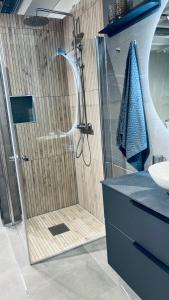 达累斯萨拉姆Morris Multi的带淋浴的浴室和玻璃门
