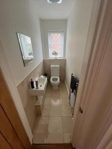 锡德卡普Lovely modern, well-kept house的一间带卫生间、水槽和窗户的浴室