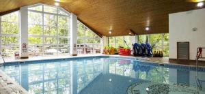 温德米尔The Luxurious Langdale 6 Lodge at Park Dean White Cross Bay, Lake Windermere的一座大型游泳池,位于一座带大窗户的建筑内