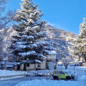 因特罗德水站旅馆的房子前面的松树被雪覆盖