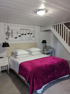 TroncensClos du Gaja près de Jazz in Marciac的一间卧室配有一张大床和紫色毯子