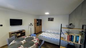 蒂科钦Przystanek Tykocin - apartamenty gościnne的客房设有两张床、一台电视和一张桌子。