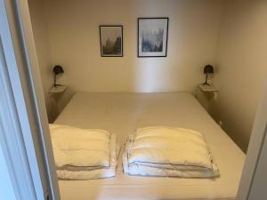 林雪平Nyrenoverad stuga nära naturen的一间卧室配有一张带两个枕头的床