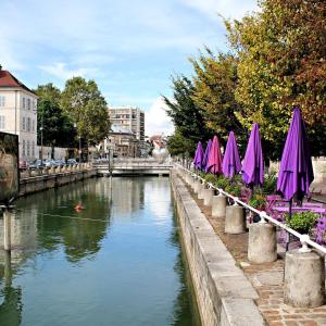 特鲁瓦Le Patio’nnement, Troyes, Centre的一条带紫色雨伞和桥梁的河流