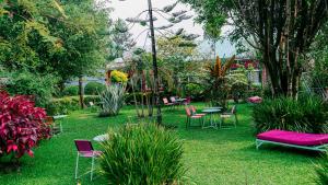 RuhengeriRoom in Guest room - Isange Paradise Resort的花园配有粉红色的椅子和桌椅