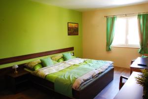 捷伊科维采Vinařství Pastorek的一间卧室设有一张带绿色墙壁和窗户的床。