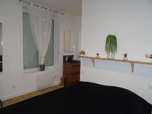 南希Appartement Artem neuf et terrasse的白色的客房设有窗户和一张黑色的床。
