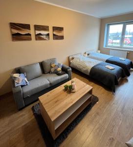 格丁尼亚Gdynia Pokoje Blisko Morza i Centrum的客厅配有沙发和1张床