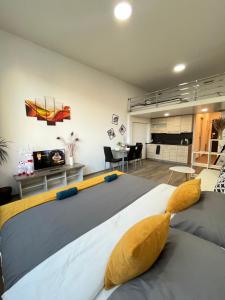 布拉格VIT Apartment - Free Parking - O2 Arena的一间带大床的卧室和一间客厅