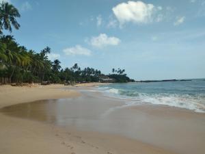 坦加拉Sandhara Home Stay的棕榈树和海洋的沙滩