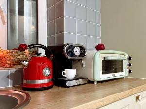 基希讷乌Tiny Barn House的厨房柜台配有茶壶和烤面包机