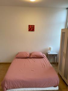 滨海苏拉克Soulac Studio Jo Centre et Plage的一张床位,位于一间粉红色毯子的房间