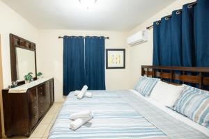 伊莎贝拉Arenales Vacational House的一间卧室配有一张带蓝色窗帘和水槽的床
