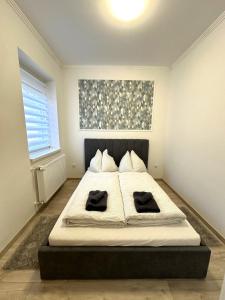 考波什堡Berzsenyi Apartmanház的一间卧室配有一张带两个枕头的床