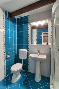 梅迪亚什特劳伯酒店的蓝色瓷砖浴室设有卫生间和水槽