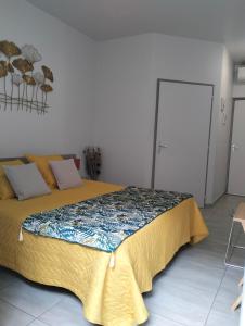 罗纳河畔的图尔农Tikazéla - Escale Tournon-Sur-Rhône的一间卧室配有一张带黄色毯子的大床