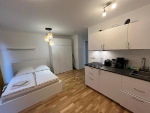 德累斯顿New Business Apartment Nr.15的一间设有一张床的客房和一间带白色橱柜的厨房