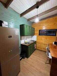 奥克泰港Espectacular Tiny House,terraza,Aire acondicionado的厨房配有绿色橱柜和冰箱。