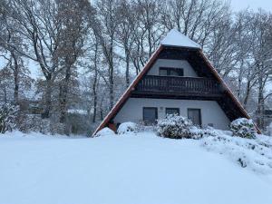马尔洛Finnhäuser am Vogelpark - Haus Brigitte的雪覆盖的屋顶房屋