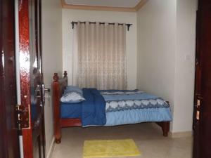 坎帕拉Malaika Furnished Apartments的一间卧室配有一张带蓝色棉被的床和窗户。