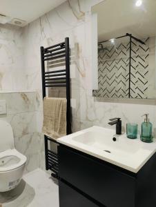 布鲁塞尔Bright & Cozy Appartment in Brussels的白色的浴室设有水槽和卫生间。
