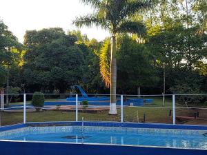 HernandariasHotel-Balneario Acuamanía的棕榈树公园内的游泳池