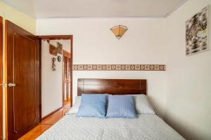 波哥大Excelente cómoda habitación privada cerca parque Simon Bolivar的一间卧室配有一张带蓝色枕头的床。