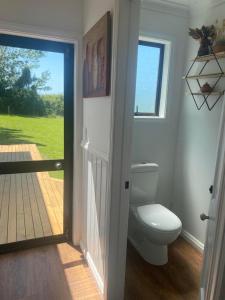 凯库拉Kereru Cottage的一间带卫生间的浴室、一个窗户和一扇门