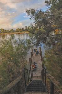 珀斯Riversong Perth的一群人坐在河上码头上