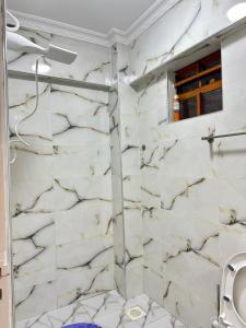 埃尔多雷特Regency Stays III的一间设有白色大理石墙壁和淋浴的浴室