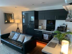 利物浦Stunning two bed city Center apartment的带沙发的客厅和厨房