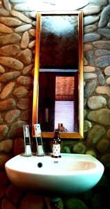 圣维森特Dreamer Resort的浴室的盥洗盆和石墙上的镜子