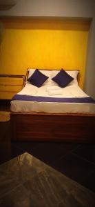 康提Yak City Apartments的一张床上有两个枕头的房间