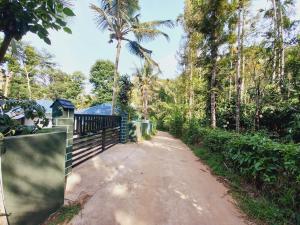 马迪凯里Sri Sai Nature Stay的一条土路,有栅栏和棕榈树