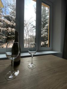 扬斯凯拉兹涅Apartmány Svatý Mikuláš的桌子上放有一瓶葡萄酒和两杯酒