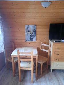 科尔别卢夫Willa Podgórska的木制客房配有桌椅和书桌。