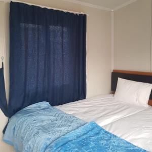 哈塔伊GÜN IŞIĞI KONAKLAMA的一间卧室配有一张蓝色窗帘的床